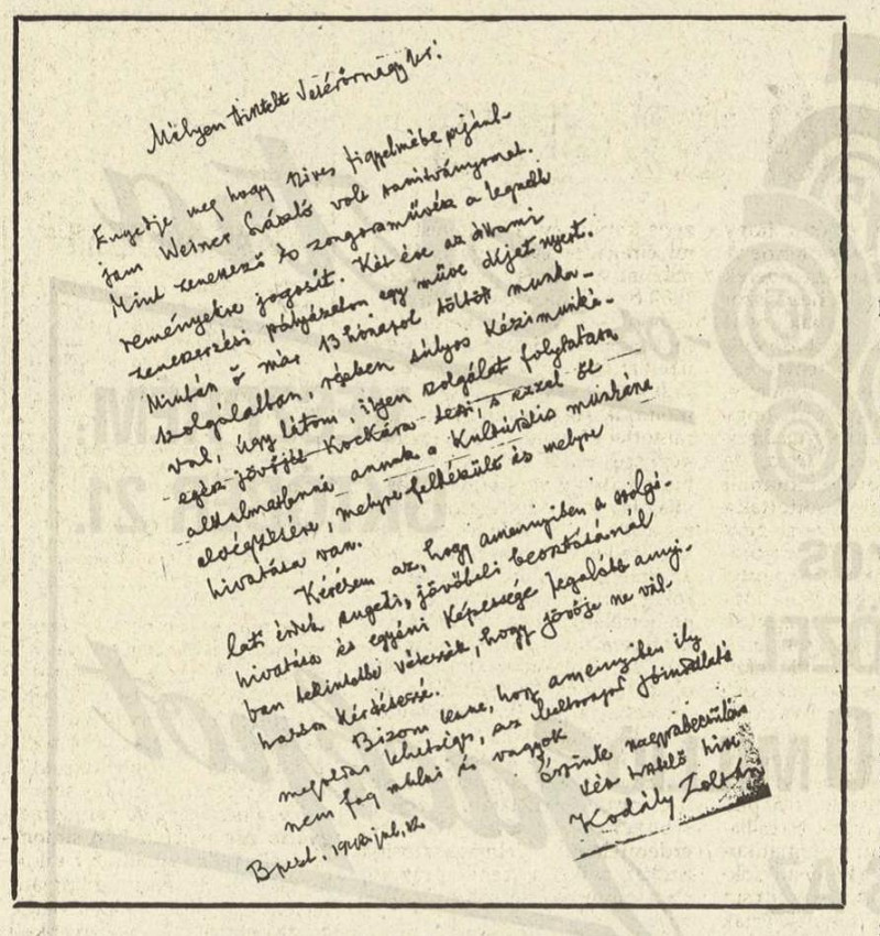 Kodály Zoltán 1943-ban kelt levele. Közli: Kerényi Mária: A tanítvány mesterkurzusa. Új Magyarország 1991. október 10.